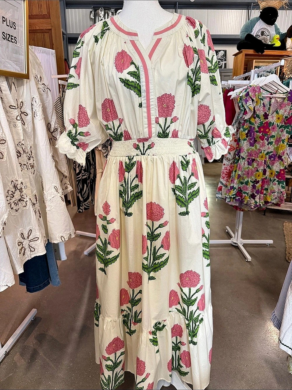 Floral Midi Dress in Cream & Pink